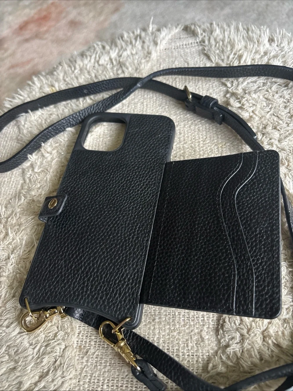 Bandolier Black Leather Crossbody Phone Wallet Gold Hardware iPhone 15 plus